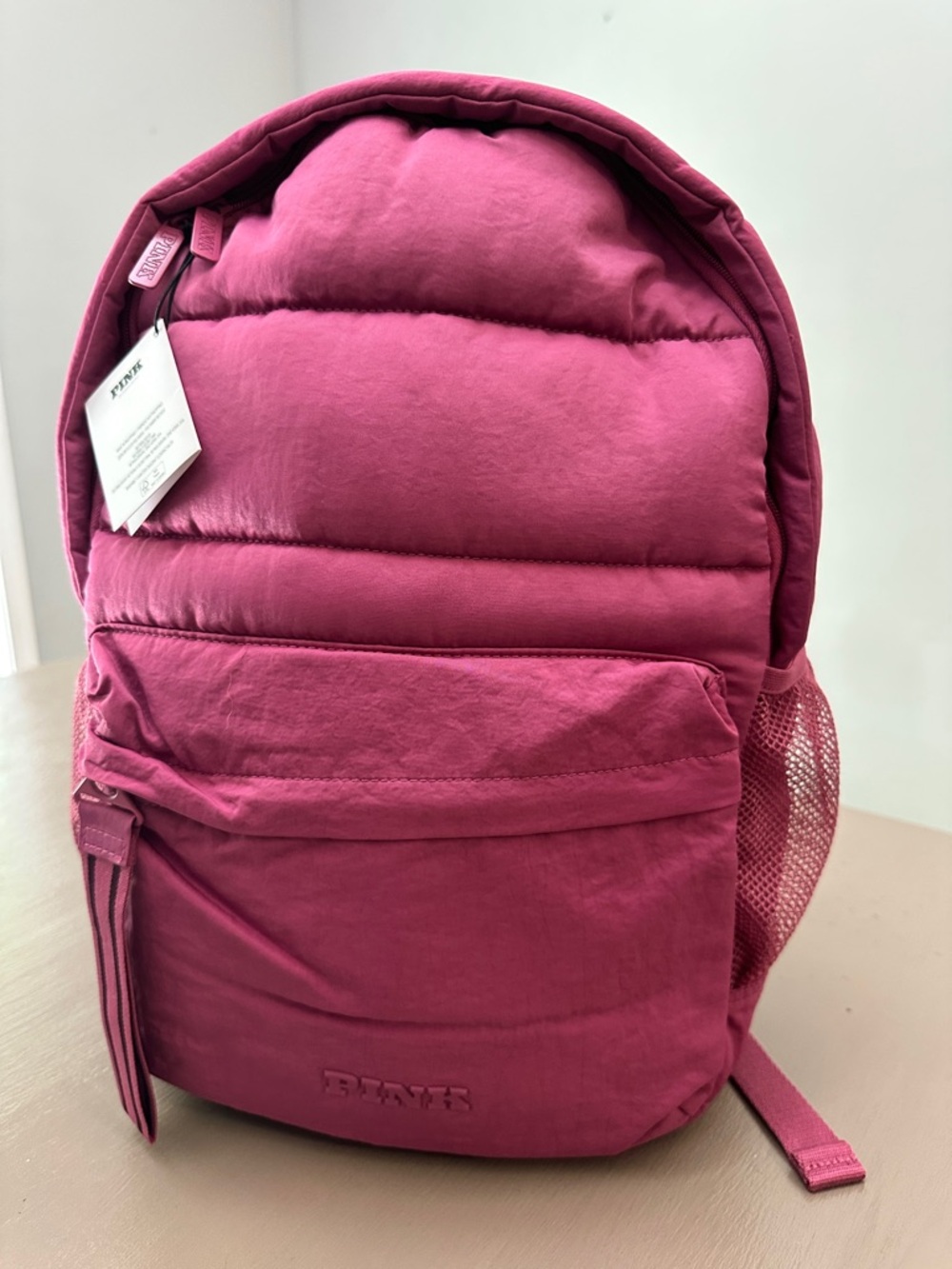 Victoria's Secret PINK Quilted Puffer Bag Backpack Dark Pink Magenta Logo NWT